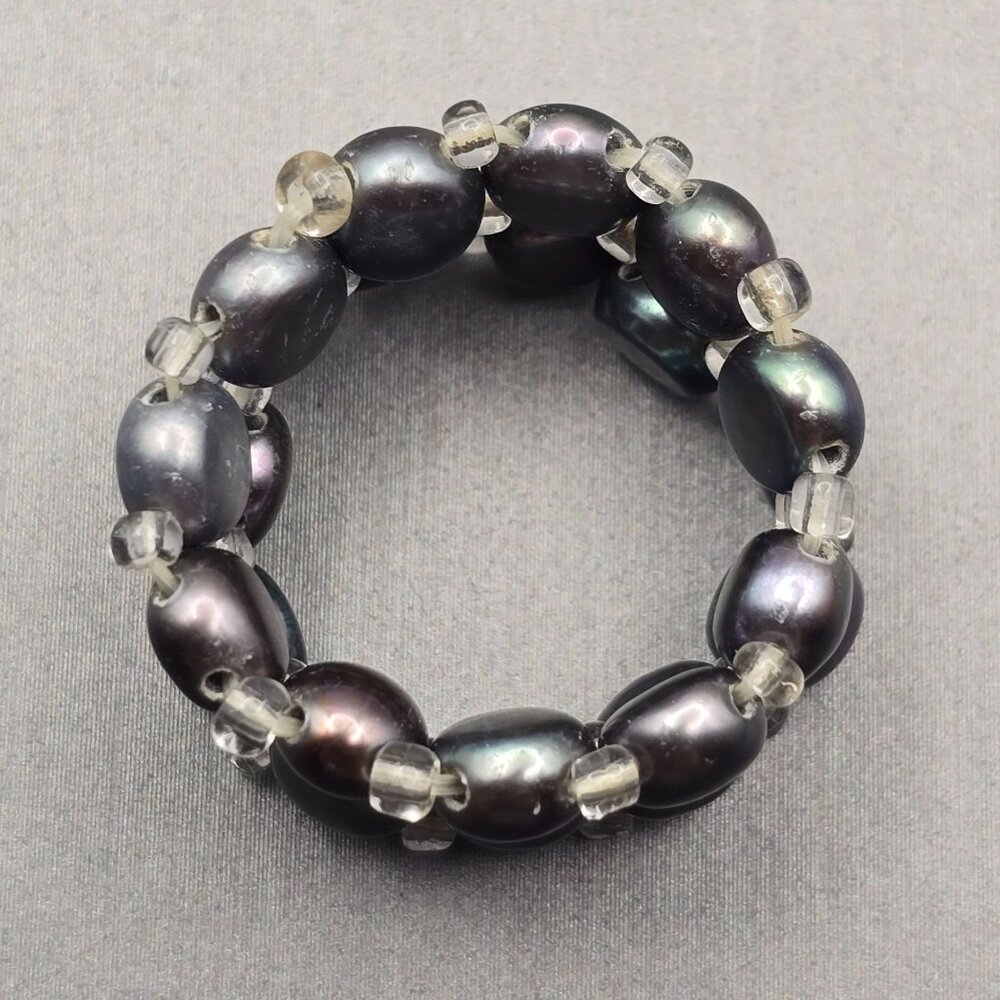 Peacock Pearl Stretch Ring Size 6–10 Glass Beads Spacers VTG Double Layered 12mm - Picture 4 of 9